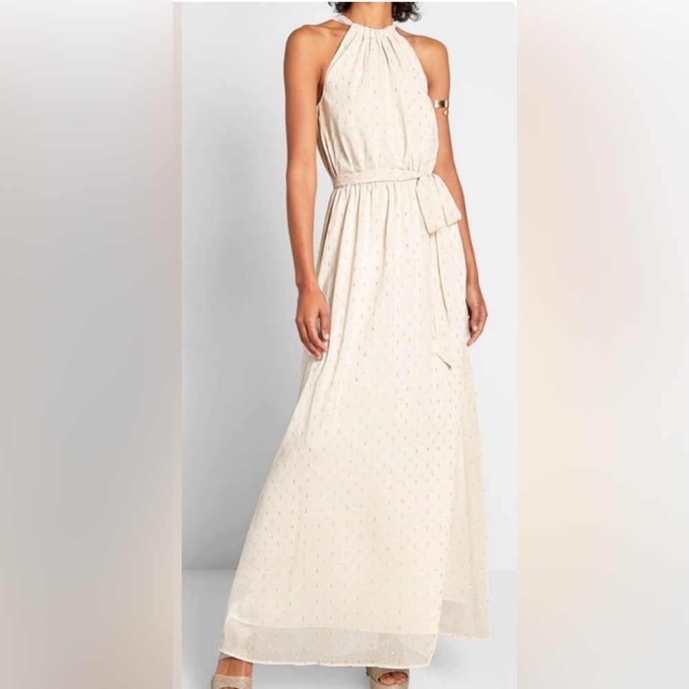 Modcloth Illuminated Elegance Metallic Flecked Ivory Chiffon Halter Maxi S #212